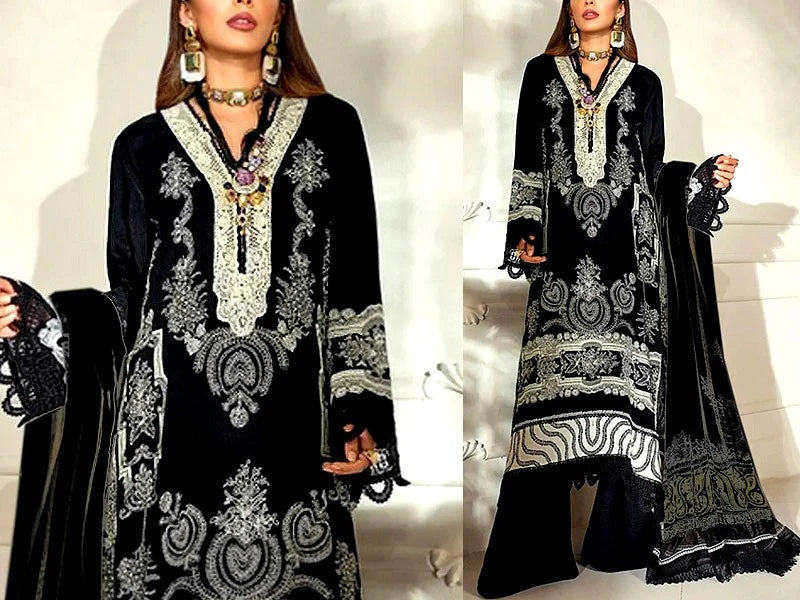 Embroidered Black Linen Suit 2024 with Linen Dupatta