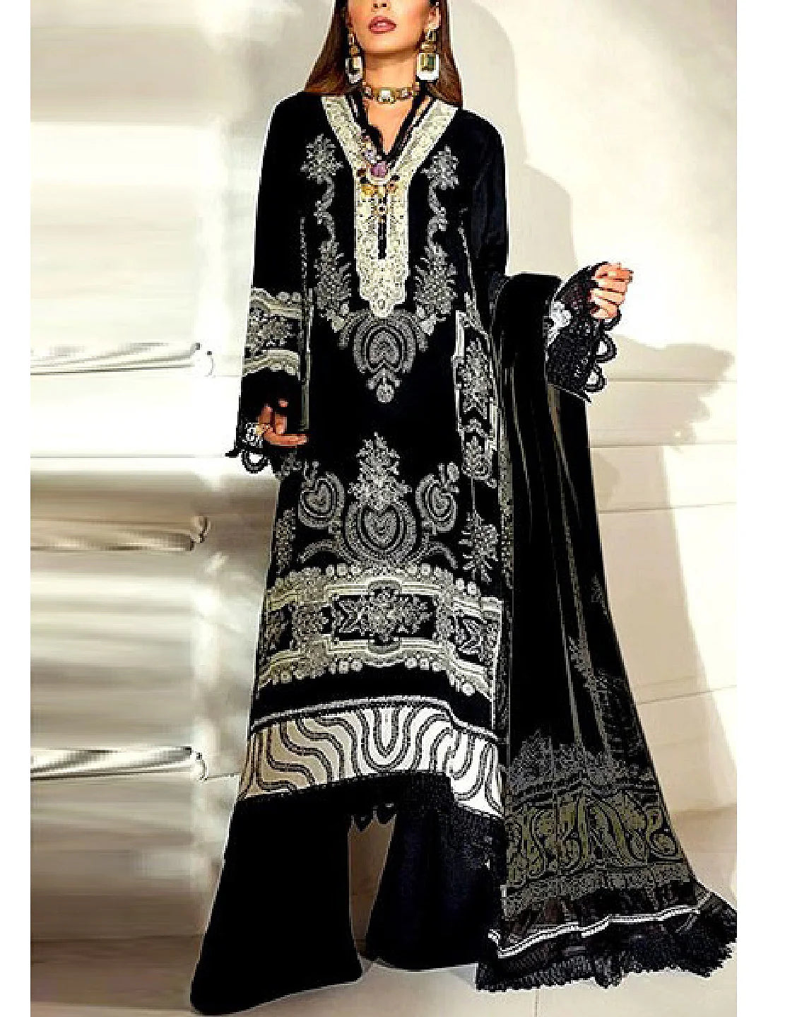 Embroidered Black Linen Suit 2024 with Linen Dupatta